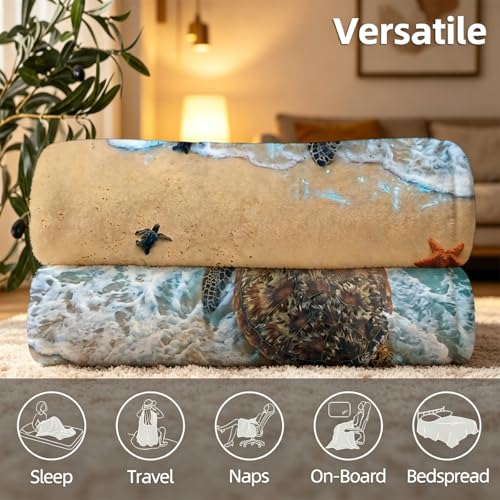 Beach Sea Turtle Family Throw Blanket, Flannel Fleece 40" x 50" | Yujiiso Beach Sea Turtle Family Blanket Lightweight Decor for Living Room, Bedroom, Office and Travel, Home Decor Gift - color: Beach Sea Turtle Family, size: 40"x50"