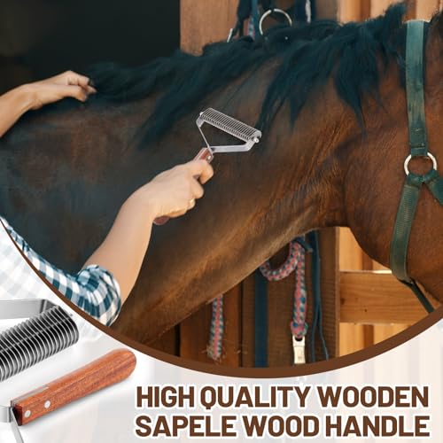 Abbylike Livestock Shedding Comb Grooming Dematting Brush Shedding Undercoat Rake for Cattle Horse Goat Cow Pets with 27 Stainless Steel Blades and Wood Handle - style: 1-sided