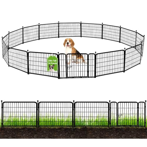 ADAVIN 24 in(H) Garden Fence with Gate, 14 Panels Heavy Duty Iron Metal Animal Barrier Fence, Camping Fence, Garden Fences and Borders for Dogs,Total 34.5 Ft(L), Black - size: 14panels-24in(H)×34.5ft(L)