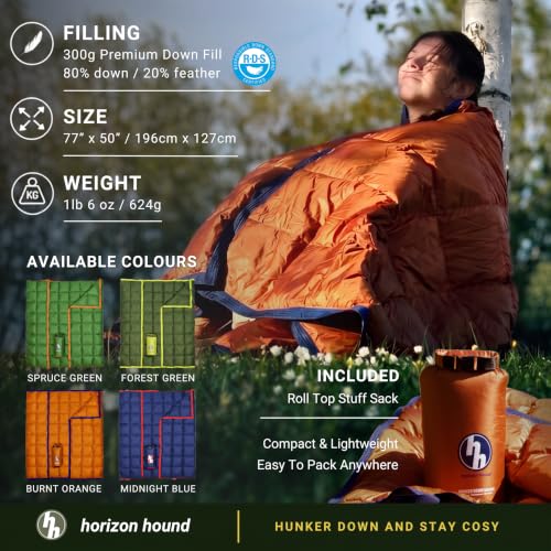 Down Camping Blanket 650 Fill Power - Ultralight Backpacking Quilt (1lb 6oz) Warm & Water-Resistant 20D Nylon Shell for Outdoors, Camping, Hiking, Travel, & Stadium - Packable - color: Burnt Orange