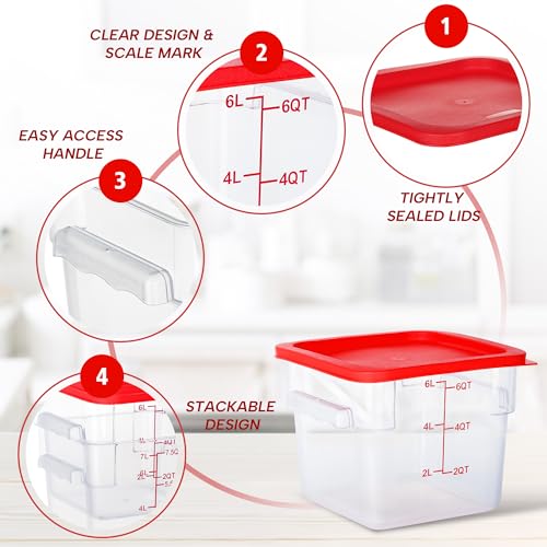 4 Pack 6QT Square Food Storage Containers with Lids | Clear NSF polycarbonate containers with scale, label and measuring cup, stackable for prep, storage, freezer. Dishwasher safe - color: 6Qt