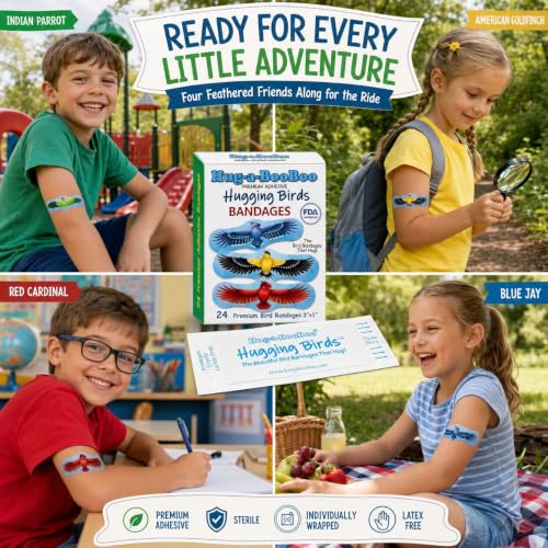 Hugging Birds - Premium Adhesive Bird Bandages from Hug-a-BooBoo, The Bird Bandages that Hug! Pretty Colorful Birds - American Goldfinch, Blue Jay, Red Cardinal, Indian Parrot 24 Ct Box - size: 24ct, style: Hugging Birds