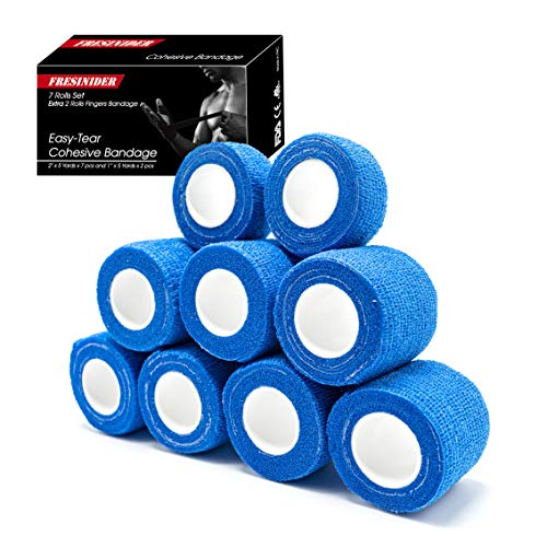 FRESINIDER 9 Rolls Self Adhesive Wrap Athletic Tape Gauze, Breathable Elastic Cohesive Bandage for Sports Injury & Pet (7 Pcs 2" x 5 Yards + 2 Pcs 1" X 5 Yards) (Blue) - color: Blue