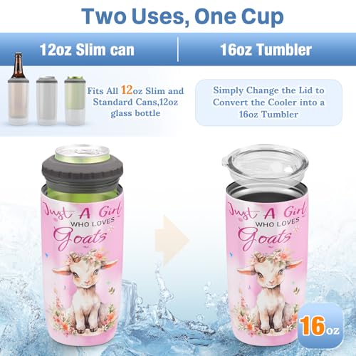 Just a Girl Who Loves Goats 4-in-1 Can Cooler Insulated Tumbler Floral 12 oz Slim Cans Bottles Holder Tumblers Travel Water Bottle Farmhouse Style Gift for Farm Girls Lovers