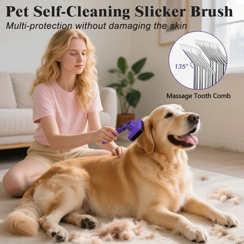 2PCS Self Cleaning Slicker Brush & Dog Comb - Skin Friendly Deshedding Grooming Tool for Dogs, Cats and Small Animals, Professional Deshedding Dematting Tool for Long and Short Haired Pets (Purple) - color: Purple