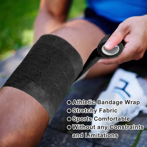 48 Pack Self Adhesive Bandage Wrap, 2” x 5 Yards Cohesive Medical Tape Elastic Grip Tape Black Sports Tape Athletic for Ankle, Wrist Sprains, Pet First Aid (Black) - color: Black