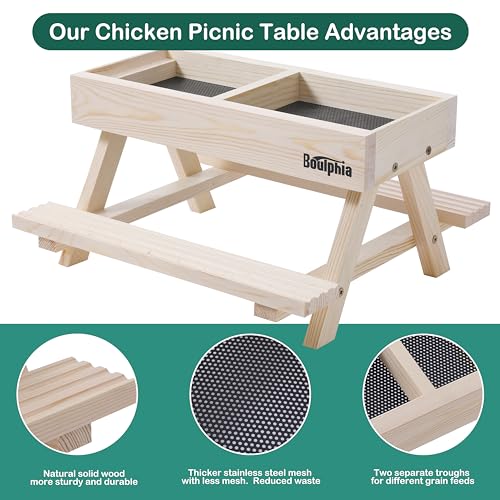 Boulphia Chicken Feeders and Waterers, Chicken Feeder No Waste Kit with Picnic Table and 2 Water Feeder, Handmade Wooden Chicken Supplies & Accessories for Chicken Coop - color: Natural Solid Wood