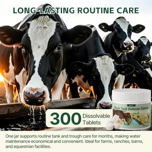 Stock Tank Defense Tablets for Livestock Water Troughs, Helps Reduce Feed Residue, Surface Film and Visible Buildup for Horses, Cattle, Goats, Sheep and Chickens, Easy & Animal-Safe Care, 300 Count
