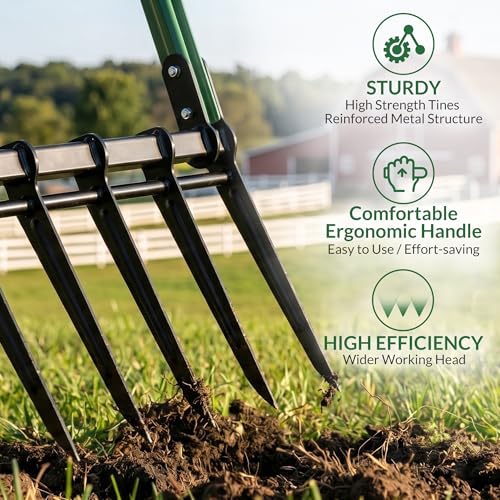BroadFork Garden Tool, Heavy Duty 5-Tine Broad Fork Hand Tiller, Garden Pitchfork with Ergonomic U-Shaped Handle, Digging Fork for Gardening, Cultivating