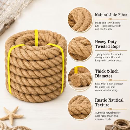 Natural Hemp Rope - 1 Inch × 100 Feet - Heavy Duty Jute Twisted Manila Thick Rope for Crafts, Hammock, Nautical, Decorating - size: 1 in×100 ft