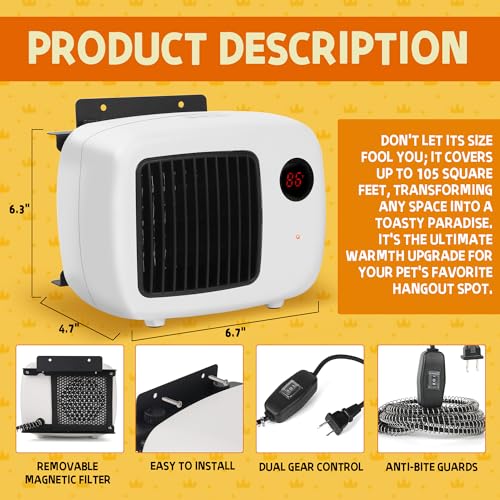 Pet House Heater with Thermostat, 300W/600W Heater for Dog Houses & Chicken Coops, PTC Heating, Overheat Protection, 6FT Anti-Chew Cord, Indoor & Outdoor Use, Up to 105 Sq Ft