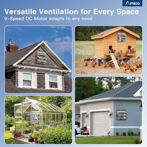 Amico 10" Shutter Exhaust Fan, Remote 9-Speed 13W DC Motor, 1000 CFM | Energy-Efficient Wall Mount Ventilation Fan, Garage, Greenhouse, Attic, Chicken Coop, Plug&Play 8-Hr Timer, 3-Year Protection - size: 10 inch