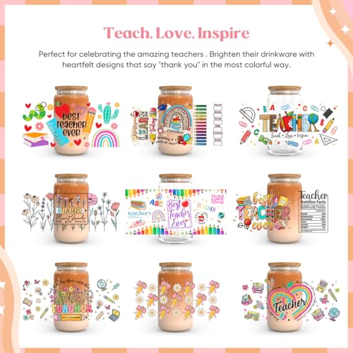Kaciola 9 Sheets UV DTF Cup Wraps for 16 oz- Teacher Theme UV DTF Stickers, 1 Sheet Mysterious Pattern Transfer, Rub on Transfers Stickers for 16 oz Libbey Glasses Crafting - style: Teacher