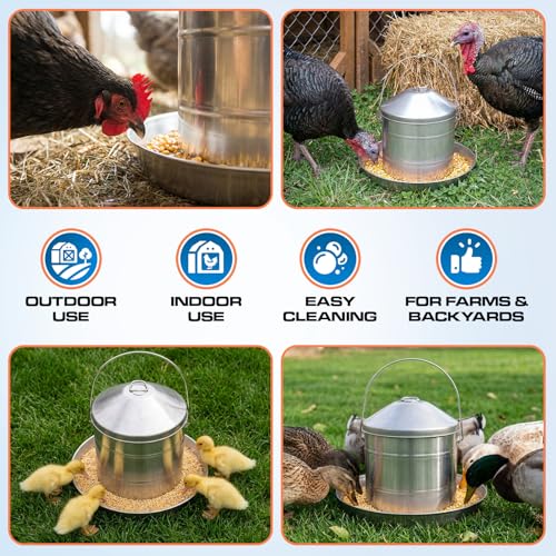 Plexon 17.6 Lb Hanging Chicken Feeder Metal Chicken Feeder with Handle no Waste Food - Stainless Steel - Turkey Duck Poultry Feeder - Heavy Duty Feeding Equipment - Grade Large - size: 17.6 LB