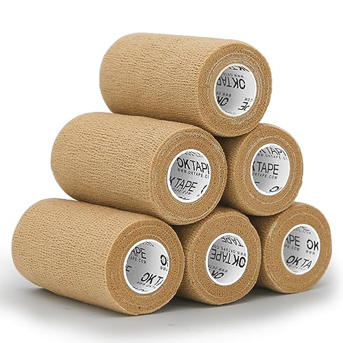 OK TAPE Self Adherent Cohesive Bandages Wrap 6Packs 4" x 5 Yards | Non-Woven Self Adhesive Bandage Wrap for Thumb, Finger, Wrist, Ankle, Vet Wrap Bandages Tape (Beige) - color: Beige/Tan, size: 4 In x 5 Yards