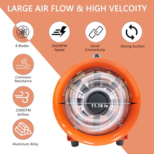 Utility Blower Fan 12 Inch Portable Axial Exhaust Fan 790W/7A 2300CFM High Velocity Ventilator with 32FT Duct Hose for Exhausting & Ventilating at Home and Job Site - size: 12 Inch