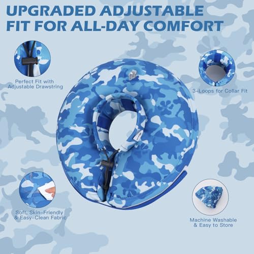 IEUUMLER Inflatable Recovery Dog Cone Collar, Neck Donut Protective ECollar, Adjustable Soft Collar for Dog and Cat After Surgery Prevent from Biting & Licking EU020 Blue Camo L+ - color: Blue Camo, size: Large + (Neck:18''-20'')