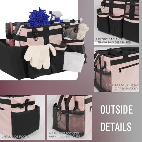 SCAVATA Wearable Cleaning Caddy, Cleaning Caddy Supplies Organizer with Handle & Shoulder Straps for Housekeepers, Under Sink & Car Cleaning Tool Organizers Bag with 4 Foldable Divider (Pink) - color: Pink