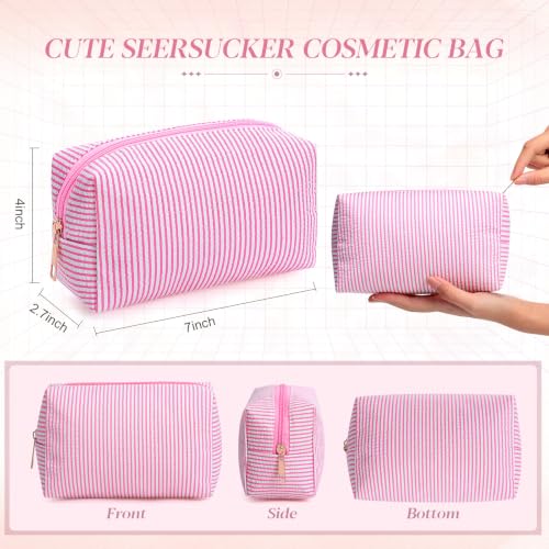 Sanwuta 20 Pcs Seersucker Cosmetic Bags Bulk, Striped Zippered,Pink | Makeup Bags Women Pouch, Large Preppy Storage Toiletry Travel Pouch for Wedding Bridesmaid Bride Favor Back to Teacher Gift - color: Pink