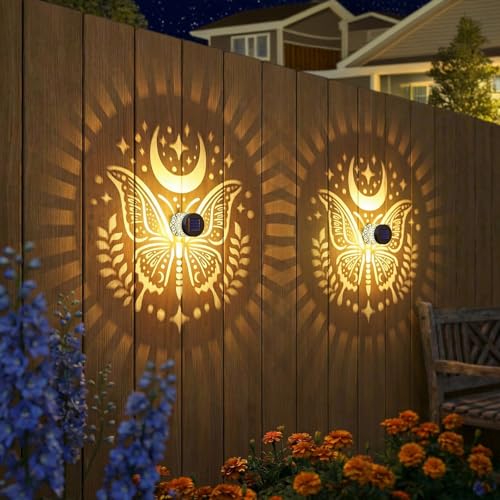 Gardsee Solar Fence Lights Outdoor 2 Pack Deck Step Wall Lights Butterfly Metal Waterproof LED Warm Yellow Light for Garden Post Patio Backyard Yard Decor (Black 1) - style: black 1