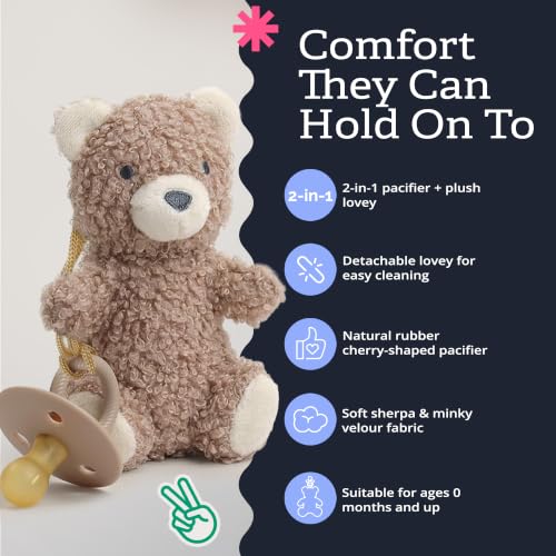 Itzy Ritzy Pacifier & Lovey Set - Natural Rubber Pacifier with Plush Bear | Natural Rubber Pacifier with Detachable Bear Lovey, Soft Cotton Fabric, Large Vent Holes, and Soothing Comfort for Babies - color: Bear
