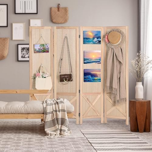 Wnutrees 4 Panel Pegboard Display,5 Ft Folding Privacy Screen Room Divider | Wood Portable Freestanding Board Organizer, Partition for Craft/Art Shows, Retail, Events, Wall Display, Natural - color: Natural