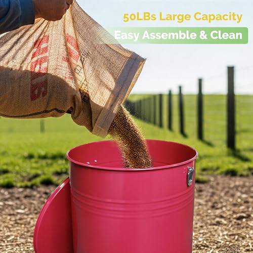 Solution4Patio 50LB No-Waste Chicken Feeder, Large Capacity Gravity Dispenser with Spill Control & 16 Feeding Ports Poultry Feeder for Outdoors & Hen Coop (Red) - color: Red