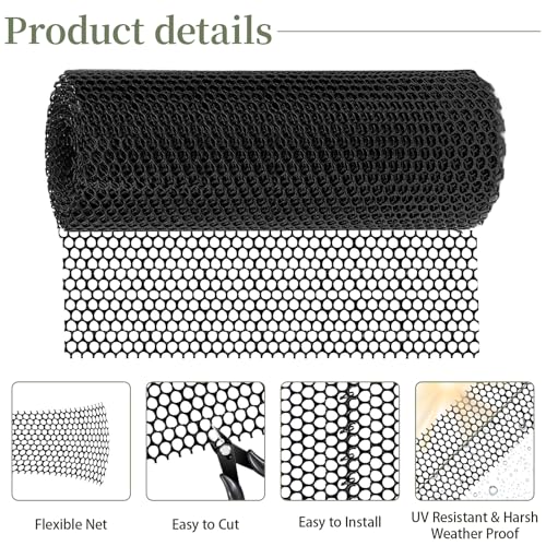Plastic Chicken Mesh 1.3ft x 33ft (15.7" x 360") Chicken Fencing | Black Chicken Wire Mesh with Gloves Zip Ties Scissors Floral Chicken Wire Ideal for Poultry Fencing