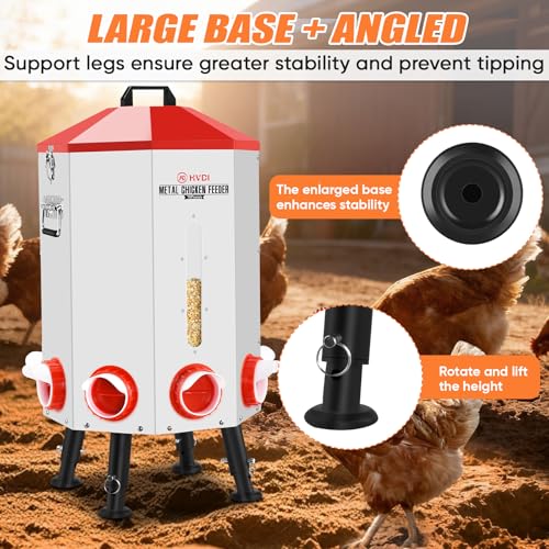 70lbs - 80lbs Large Automatic Chicken Feeder, Adjustable Stand, 8 Feeding Ports, Viewing Window, Sloped Roof Rain Protection Design