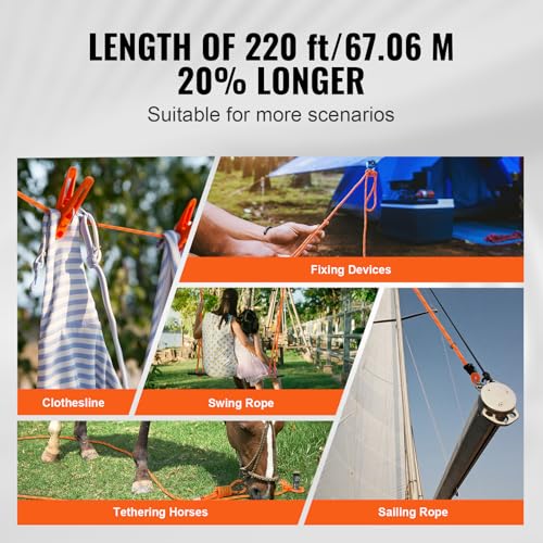 VEVOR Double Braided Polyester Rope, 1/2 in x 220 ft, 48 Strands, 8000 LBS Breaking Strength Outdoor Climbing Rope, Arborist Rigging Rope for Rock Hiking Camping Swing Rappelling Rescue, Orange/Black - size: 1/2 Inch x 220 FT, style: Polyester