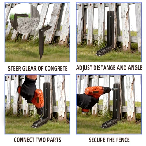 Adjustable Fence Post Repair Kit Quick Easy Fix Broken Leaning Wooden Post | Heavy Duty Steel, Uneven Ground & Underground Obstacles Adjust, Wood Fence Post Anchor Stakes Support - size: Pack of 4