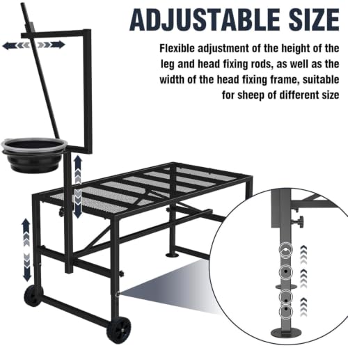 Upgraded Goat Stand with Wheels & Feed Bin, Adjustable Headpiece | Goat Milking Stand for Sheep Trimming and Milking, Hoof Trimming Stand Adjustable Size, with Feeder, Iron Black - color: Black, size: L - 47 inch (with Wheel)