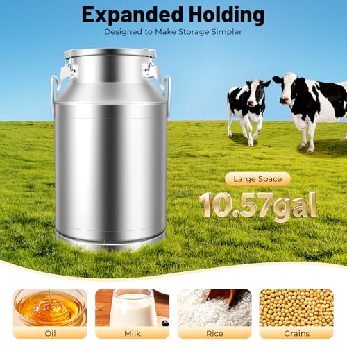 40L/10.56 Gallon Stainless Steel Milk Can - Heavy Duty Milk Jug Bucket with Ergonomic Handle and Tight Lid, SS Liquid Solid Container, Non-Slip Base, Seamless Design, Simply Rinse for Clean - size: 40L/10.56Gallon