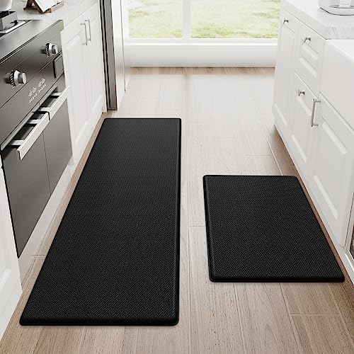 StepRite Kitchen Mats for Floor, 2-Piece Anti-Fatigue Kitchen Rugs, Black | 17.3" x 30" + 17.3" x 47", cushioned comfort, water-resistant, easy to clean, non-slip bottom, kitchen floor, standing desk - color: Black, size: 17.3" x 30"+17.3" x 47"-0.4 inch