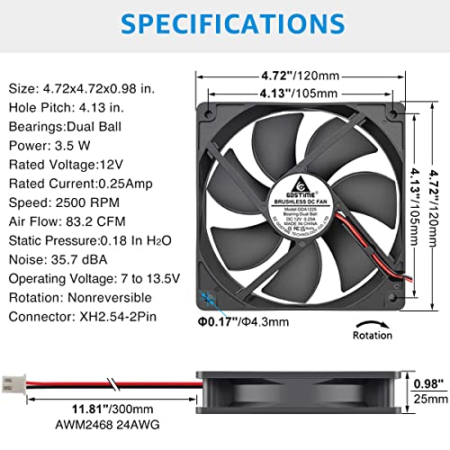 GDSTIME 120mm x 25mm 12V 2Pin Computer Case Cooling Fan Dual Ball Bearing | for Ice Maker, Wine Cooler, Power Supply, RV Fridge, Quartz Heater - 2500 RPM, 120x120x25mm, 12 Volt DC Brushless PC Fans - size: 120x25mm