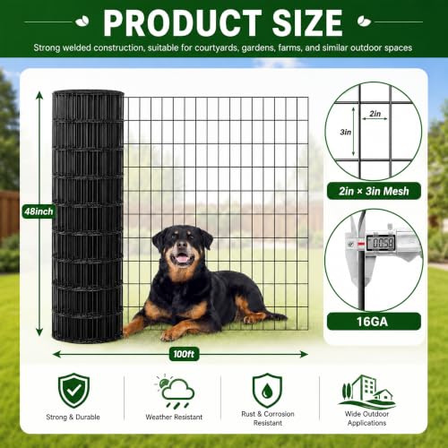 PVC Coated Welded Wire Mesh 16GA 48in x 100ft, 2x3 Mesh Black Fence Roll | Dog Fence Chicken Run Rabbit Enclosure Farm goat pens deer protection tree guards compost areas greenhouse perimeters - color: 16GA 48''×100'