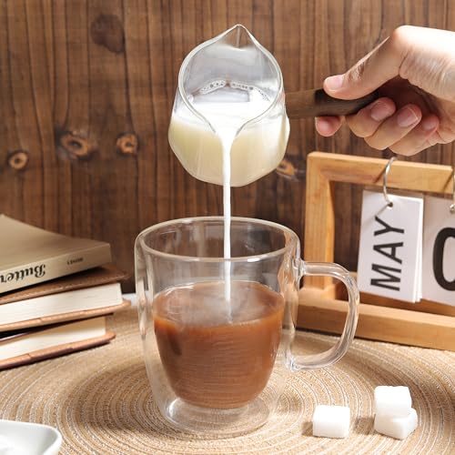 Joeyan 6 oz Glass Measuring Cup with Double Spouts,Borosilicate Espresso Shot Glasses with Wooden Handle,Claer Measuring Triple Milk Frothing Pitcher for Coffee Tea - color: 6 Oz Dual Spouts Measuring Cup