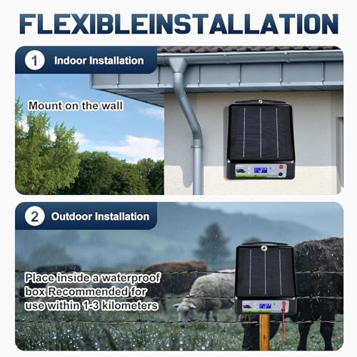 20 Miles Solar Electric Fence Charger, Adjustable Output Voltage: 6/8/10/12kV, 2J Solar Powered Electric Fence Charger Supports Battery/Solar/AC Power,Ideal for Livestock/Garden/Yard/Farm Protection