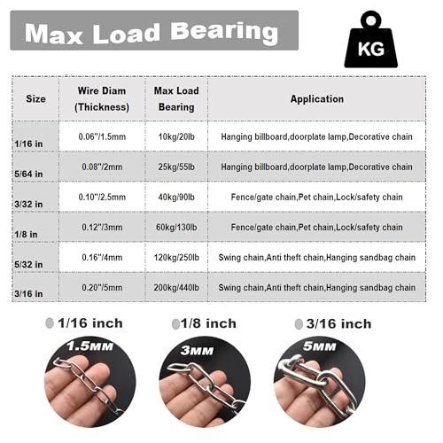 1/8 inch(3mm) Wire Diameter Stainless Steel Safety Small Chains 20 inch Long Link Rings Light Duty Coil Chain for Hanging Pulling Towing, 1/8"x 20" (2Pcs) - size: 1/8 inch x 20 inch