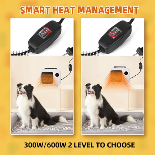 Pet House Heater with Thermostat, 300W/600W Heater for Dog Houses & Chicken Coops, PTC Heating, Overheat Protection, 6FT Anti-Chew Cord, Indoor & Outdoor Use, Up to 105 Sq Ft
