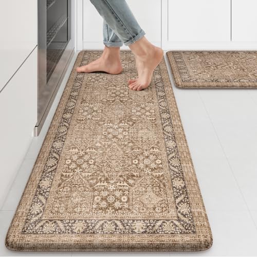 KIMODE Anti Fatigue Kitchen Mat, Boho Distressed Kitchen Rugs Sets of 2 | Non Slip Kitchen Mat for Floor, Cushioned Comfort Standing Mat for Sink, Laundry, Office, Desk, Dormitory 17"x47"+17"x29" - color: Brown/Multi, size: 17.3" x 47"+17.3" x 29"--0.47 i