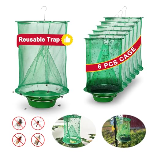 Reusable Ranch Fly Traps Outdoor Hanging Fly Cage-6 Pack | Fly Catcher with Bait Tray, Fly Catcher Killer Hunter Cage Control, Farm Horse Stable Fly Trap for Orchard Barn Garden - size: 6 pack