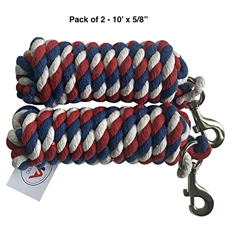Majestic Ally Pack of 2 Solid Cotton Lead Rope for Horses & Livestock – 10 Foot Long and 5/8 inch Thick - Replaceable Heavy-Duty Satin Bolt Snap – Handmade – Soft, Broken in Feel (Patriotic) - color: Patriotic