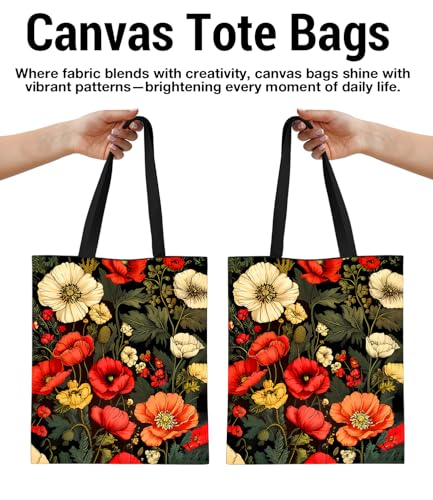 Aesthetic Floral Canvas Tote Bag - Reusable Shoulder Tote Bag for Women Lady Casual Vacation, Shopping, Work, Gym - color: Dark Floral001