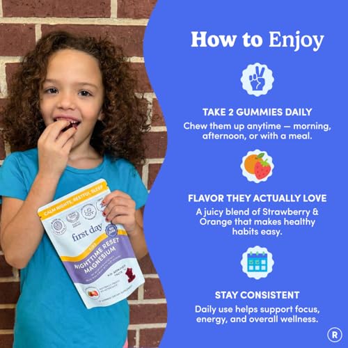 FIRST DAY Kids Magnesium Gummies, Citrate + L-Theanine, No Melatonin, 60 Ct | Strawberry citrate magnesium gummies for kids with Suntheanine® L-theanine; melatonin-free calm and bedtime support for kids - size: 60 Count (Pack of 1)