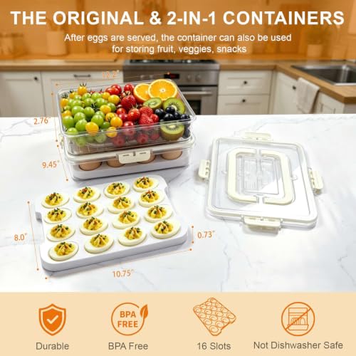 2 Pack Original Deviled Egg Platter Containers with Lid & Handle (White) | Removable Deviled Egg Carrier, 32 Extra-Deep Egg Wells, BPA-Free Thick Plastic, Portable Tray for Easter Potluck Party Picnic - color: Crystal Clear 2 Pack