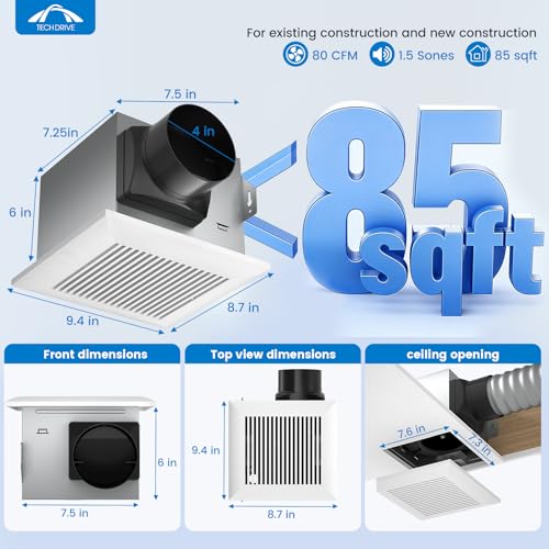 Tech Drive Bathroom Fan with Humidity sensor,80 CFM,1.5 Sone,4 Inch Duct | Very Quiet,No Attic access Needed Installation, HVI and Energy Star Certified, Easy to Install - size: 80CFM with Humidity Sensor