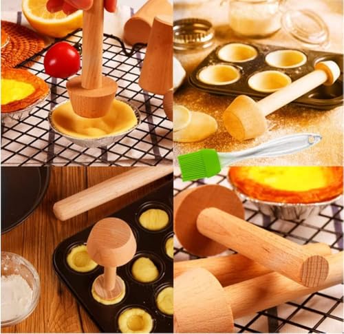 Wooden Tart Tamper Set Double-Side Egg Tarts Tamper Pastry Tools with Brush, DIY Cake Pastry Tool for Mini Egg Tart Cheesecakes Dessert Baking
