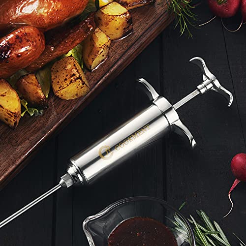 Meat Injector Syringe 2-oz Marinade Flavor Barrel 304 Stainless Steel with 3 Professional Needles 2 Cleaning Brushes and 4 Silicone O-Rings