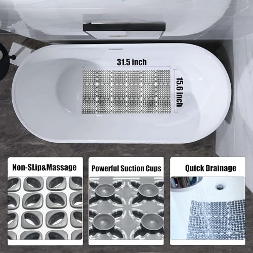 Non Slip Shower Mat for Bathtub with Strong Suction Cups | Quick-Dry Drain holes. Firm Yet Elastic Surface Massages Feet, Boosts flow. Sticks to wall to dry, folds, 31.5"x15.6" Gray - color: Gray, size: 31.5" x 15.6" (Rectangular)